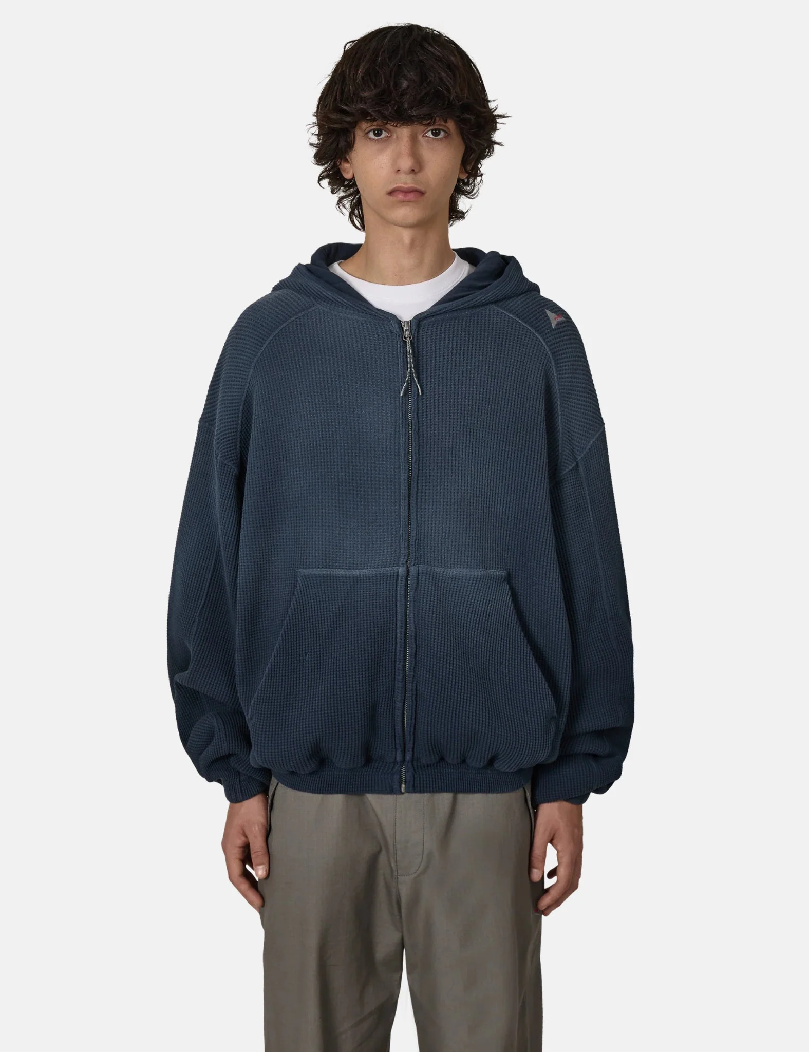 ROA Bee Sun Faded Organic Waffle Zip Up Hoodie - Navy Blue